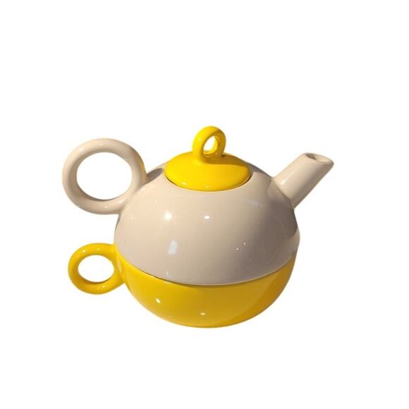 Tea for One Tea Pot with Cup Set Stackable Yellow and Gray Retro Colorful - Picture 3 of 10